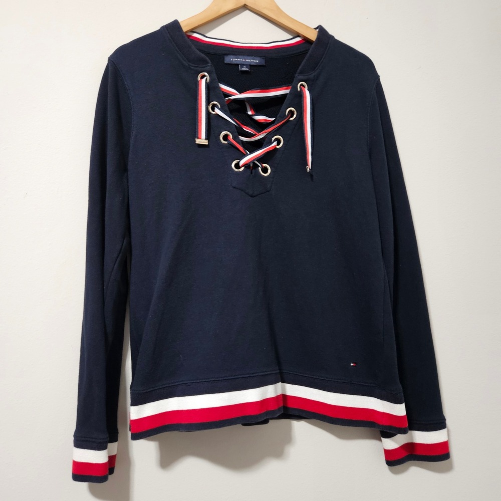Tommy Hilfiger Navy Blue Lace Up Sweatshirt Womens Medium Striped‎ Trim Nautical